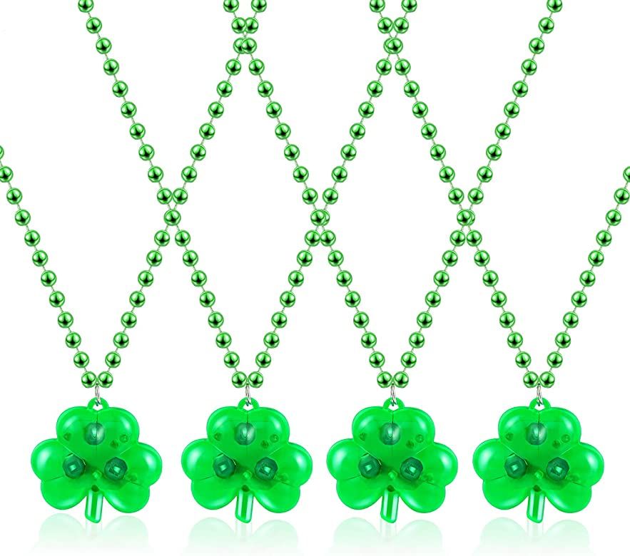 Hicarer 4 Pieces Light Up Shamrock Necklace St Patrick's Day Necklace Green Beaded Necklace | Amazon (US)
