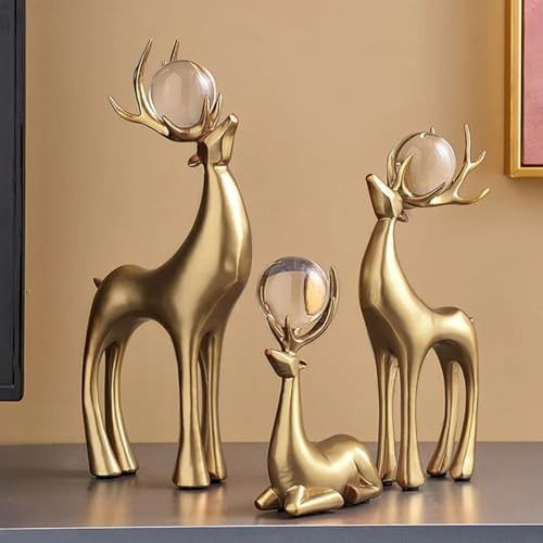 homary 3 Pcs Gold Resin Reindeer Sculpture Chrismas Deer Decor Art Ornament Living Room Desktop Home Decorations | Amazon (US)