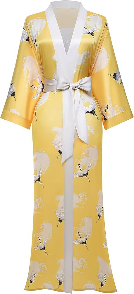 PRODESIGN Long Kimono Robe Satin Sleepwear Phoenix Handprinted Silky Kimono Nightgown Bathrobe Ki... | Amazon (US)