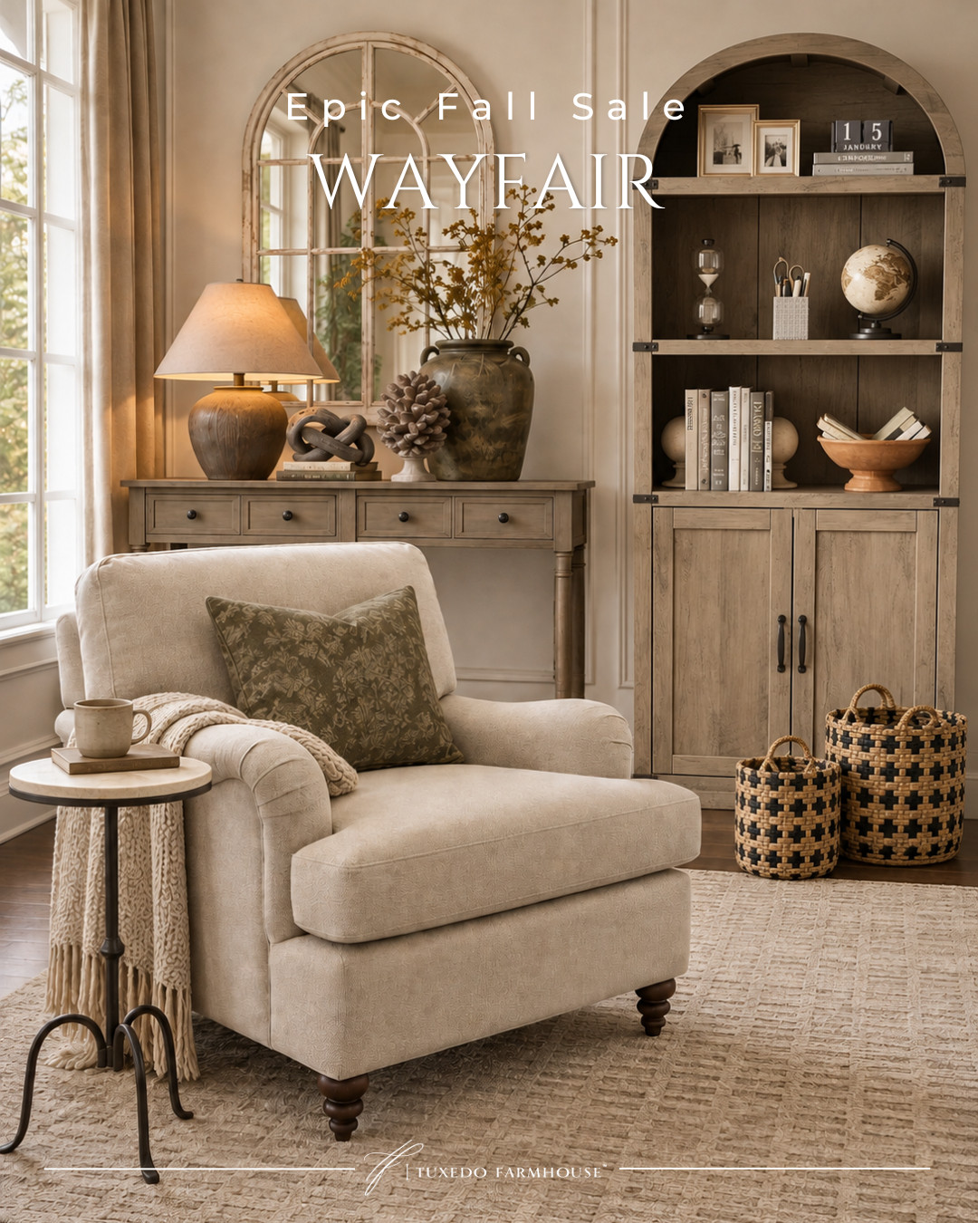 Cozy, collected, and ready for fall. 🍂 These Wayfair finds bring so much warmth and character to a quiet little sitting area—from the oversized chair and arched cabinet to the textured rug, woven baskets, and pretty accent pieces. Even better when you can grab the look during an epic fall sale!

#LTKHome #LTKSaleAlert #LTKStyleTip #WayfairFinds #WayfairSale #FallHomeDecor #CozyHome #NeutralDecor 

 #LTKSeasonal #LTKHome #LTKSaleAlert
