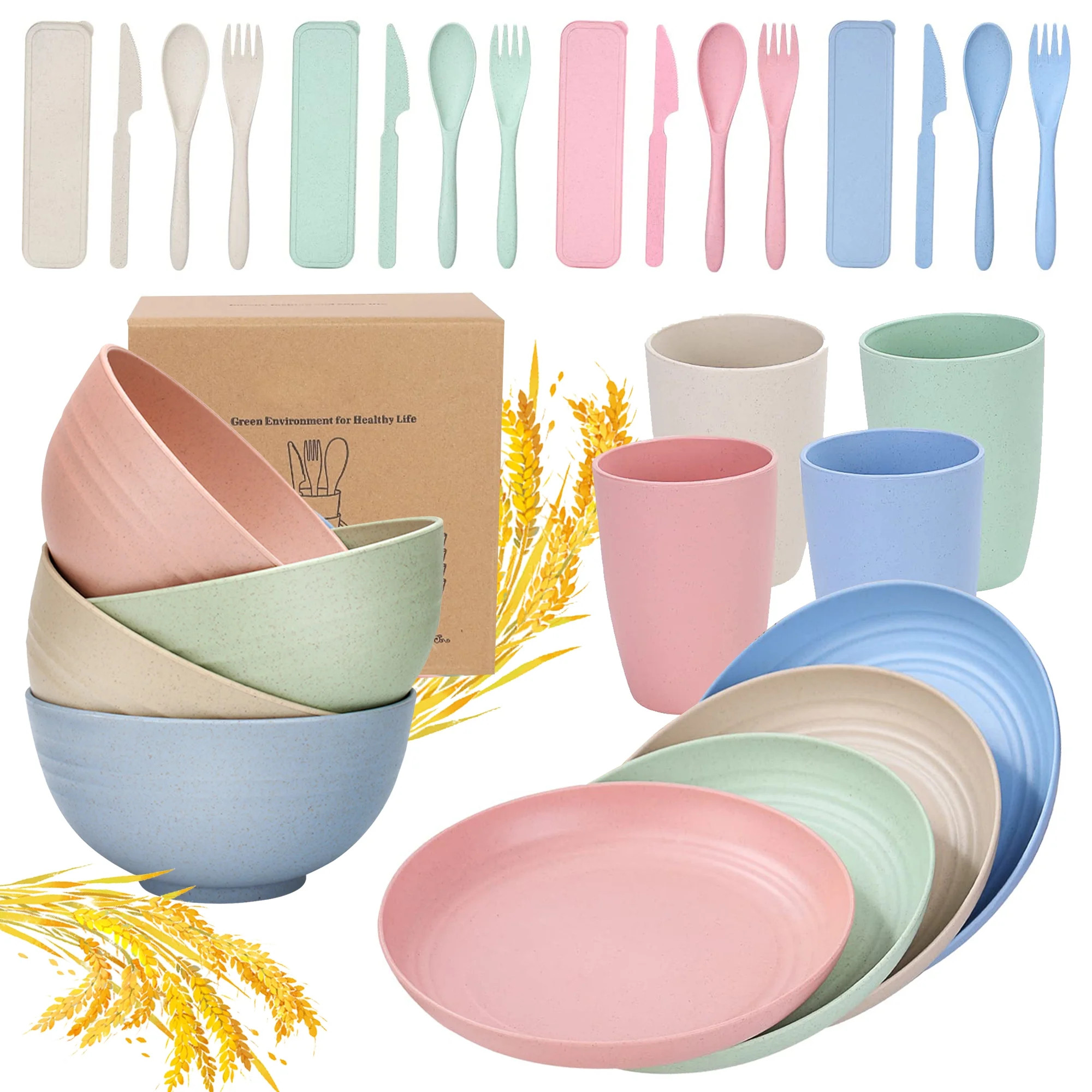 Unbreakable Wheat Straw Dinnerware Sets,BUSATIA 28 PCS Microwave Unbreakable Plates and Bowls Set... | Walmart (US)