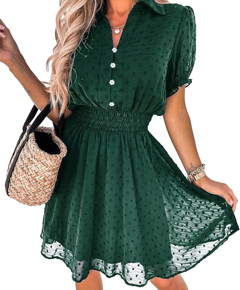 PRETTYGARDEN Women's Summer Dress Casual V Neck Short Sleeve Swiss Dots Elastic Waist A-line Flowy M | Amazon (US)