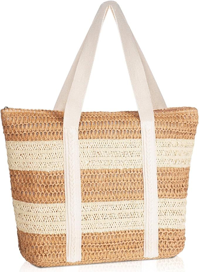 MABROUC Large Straw Beach Bag for women, Wide Strips Straw Tote Bag, Woven Summer Handbag Shoulde... | Amazon (US)