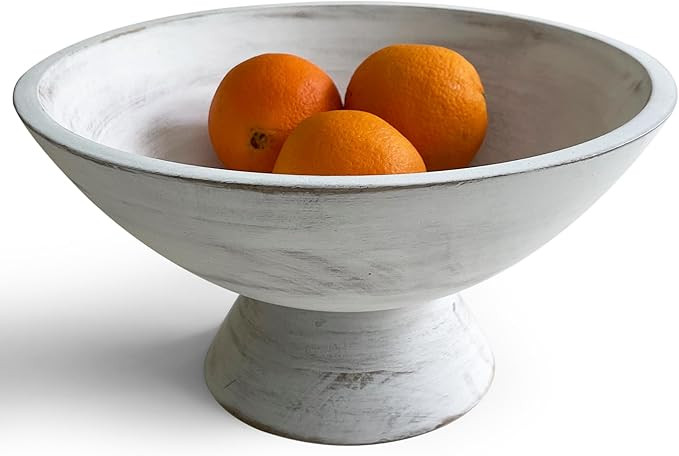 White Fruit Bowl - 10 Inch Wide Whitewashed Footed Bowl – Coastal, Shabby Chic or Farmhouse Cen... | Amazon (US)