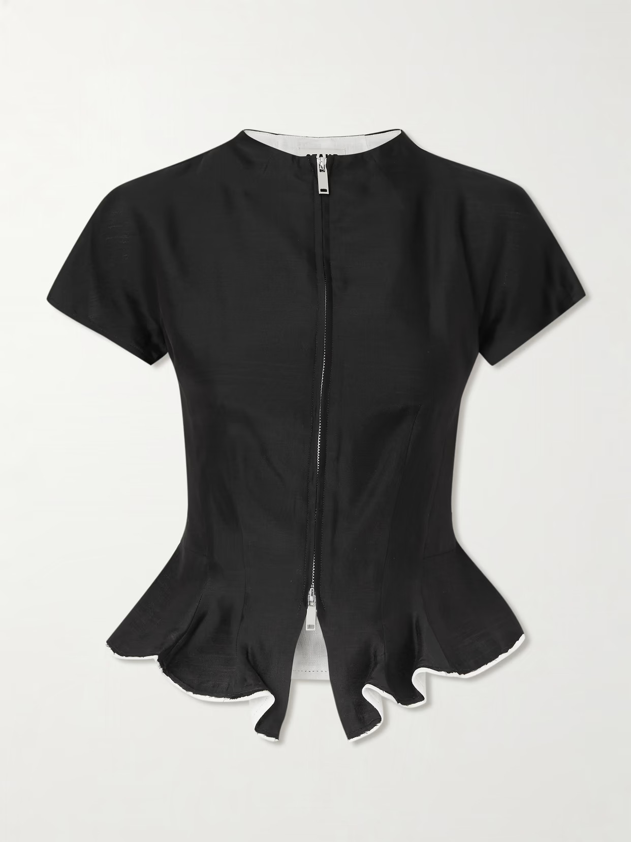 STAUD - Maelle Layered Frayed Linen-trimmed Wool-blend Peplum Blouse - Black | NET-A-PORTER (US)
