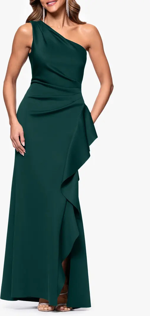 One-Shoulder Ruffle Scuba Crepe Gown | Nordstrom