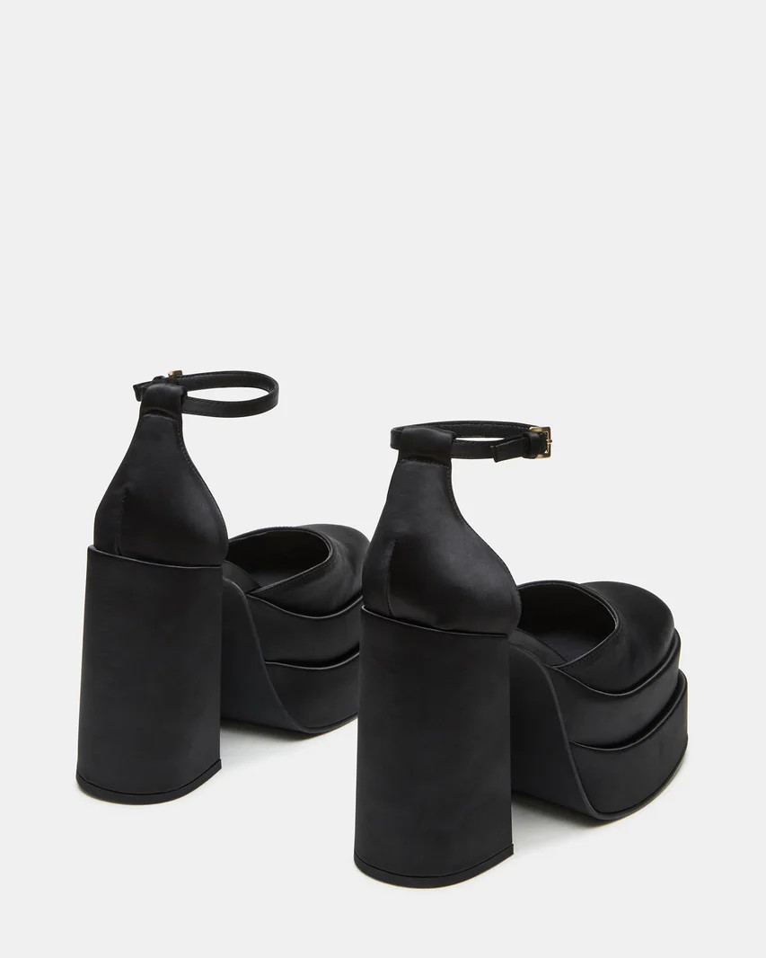 CHARLIZE Black Satin Stacked Platform Block Heel | Women's Heels | Steve Madden (US)