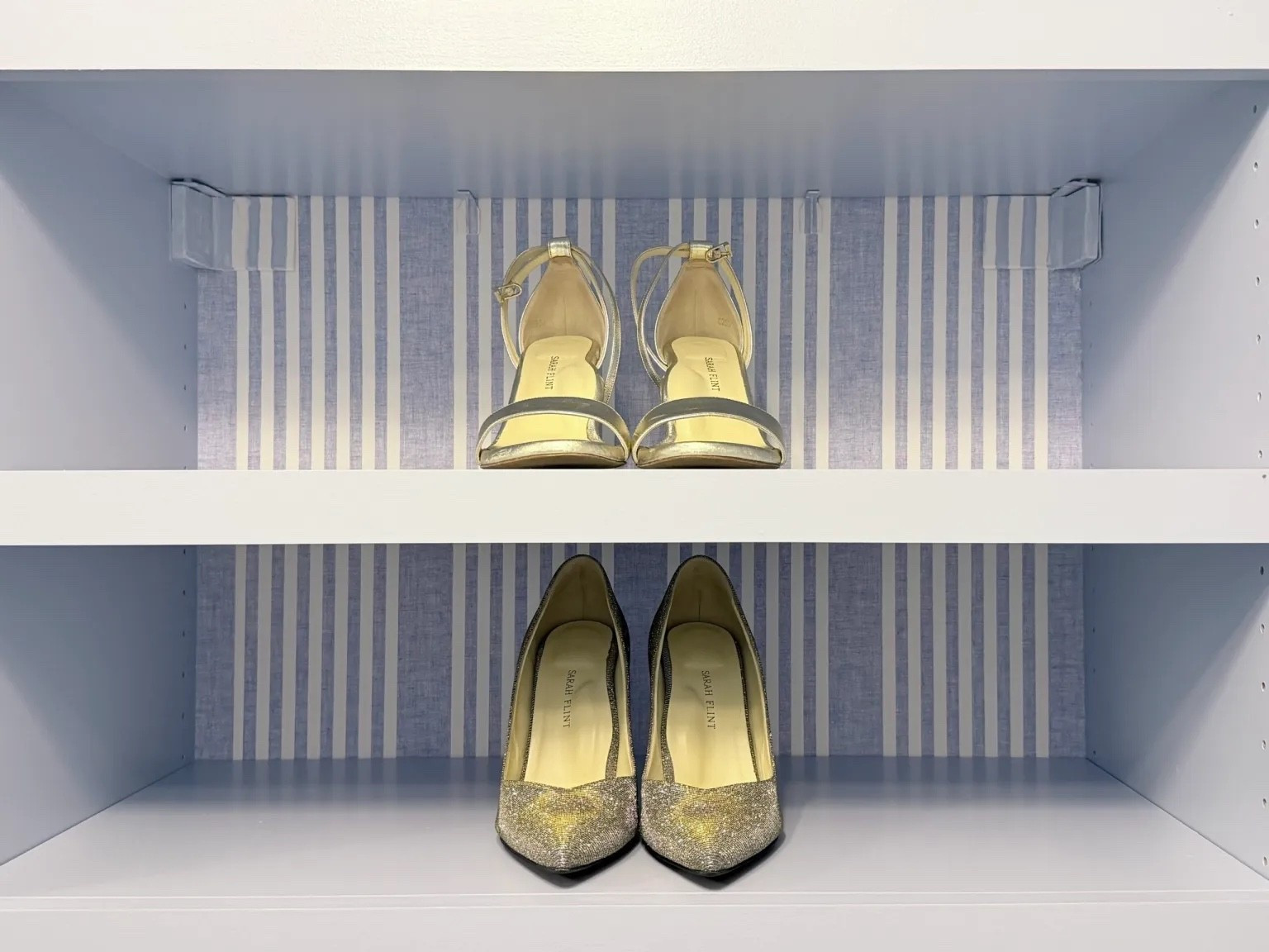 IKEA makeover shoe cabinet using light blue paint, wood face frame, and striped wallpaper for a boutique closet on a budget  

#LTKHome #LTKmorningroutine