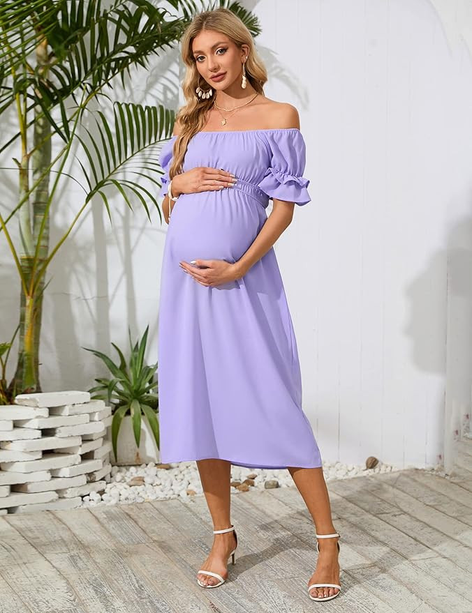 KOJOOIN Women's Off Shoulder Short Sleeve Maternity Dress Summer Casual Ruffle Flowy Midi Dress f... | Amazon (US)