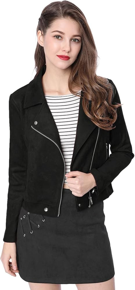 Allegra K Women's Short Soft Zip Up Faux Suede Biker Moto Jacket | Amazon (US)