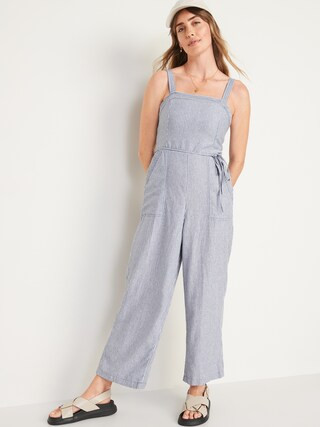 Sleeveless Linen-Blend Tie-Belt Wide-Leg Jumpsuit for Women | Old Navy (US)