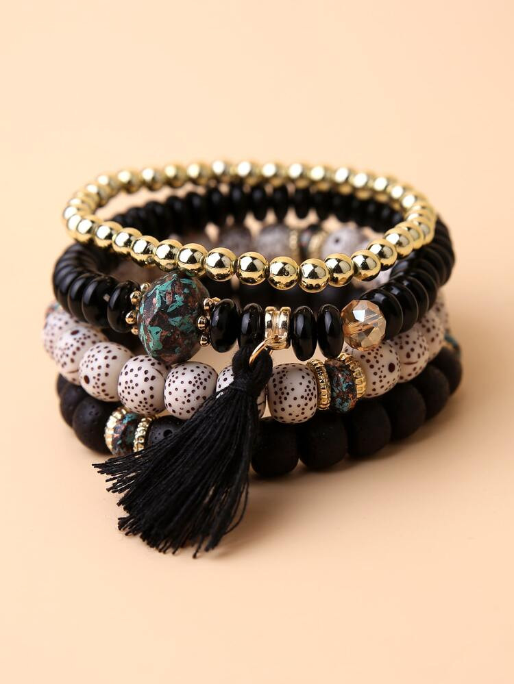 4pcs Tassel Charm Beaded Bracelet | SHEIN