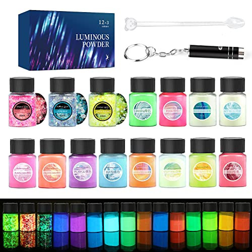 Glow in The Dark Pigment Powder 15 Jar -12 Color Glow Pigment and 3 Color Luminous Flake with UV ... | Amazon (US)