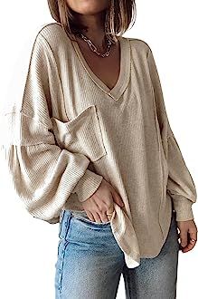 BTFBM Women's Casual V Neck Ribbed Knitted Shirts Pullover Tunic Tops Loose Balloon Sleeve Solid ... | Amazon (US)