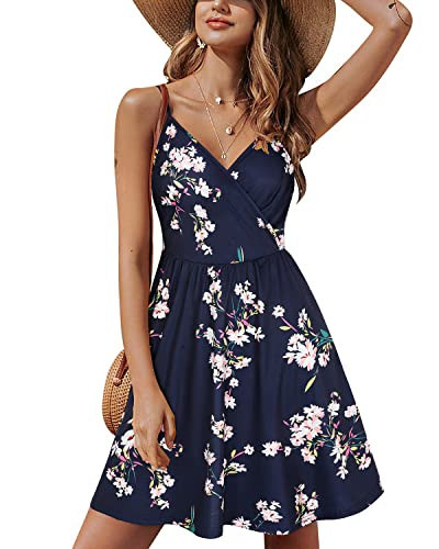 STYLEWORD 2025 Womens Summer Dresses Spring V Neck Sun Spaghetti Strap Petite Sundress Casual Beach with Pocket(Floral01, M) | Amazon (US)