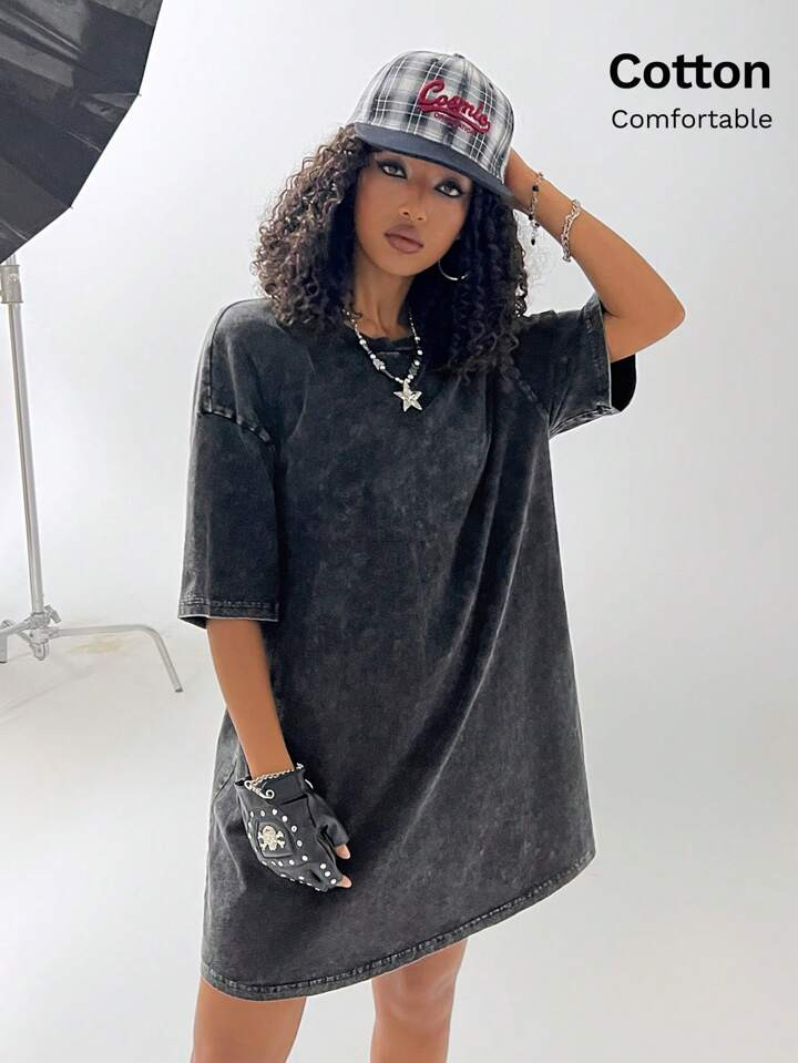 Coolane Comfortable Cotton Washed Water Stir Snowflake Craft T-Shirt Dress | SHEIN