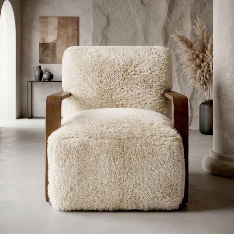 Aenkyo Yeti Contemporary Faux Fur Accent Chair with Dark Walnut Wood Arms, Ivory | Walmart (US)