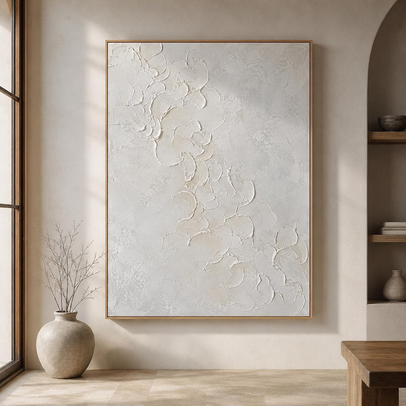 White Textured Abstract Painting, Original Hand Painted Neutral Wall Art, 3D Floral Relief Canvas... | Etsy (Global)