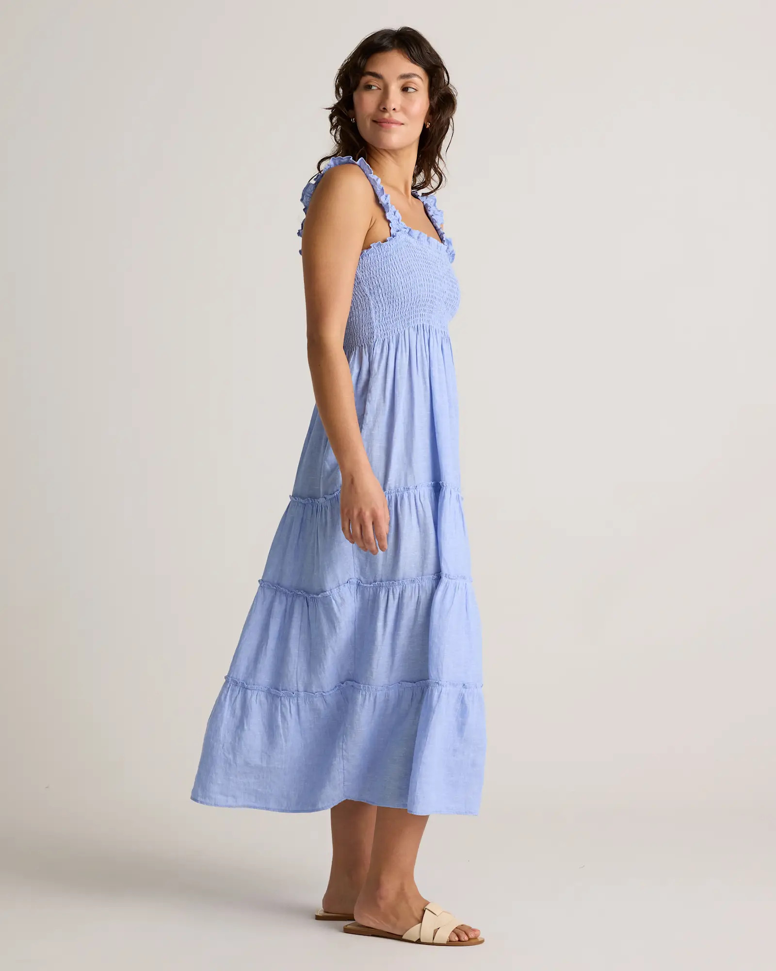 100% European Linen Smocked Midi Dress in Vintage Pink Chambray | Quince