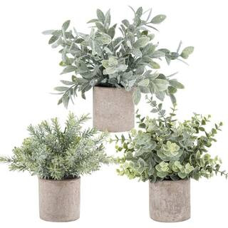 Cubilan 10 in. H Mini Potted Fake Plants Grey Artificial Plastic Eucalyptus Plants, 3 Pack | The Home Depot