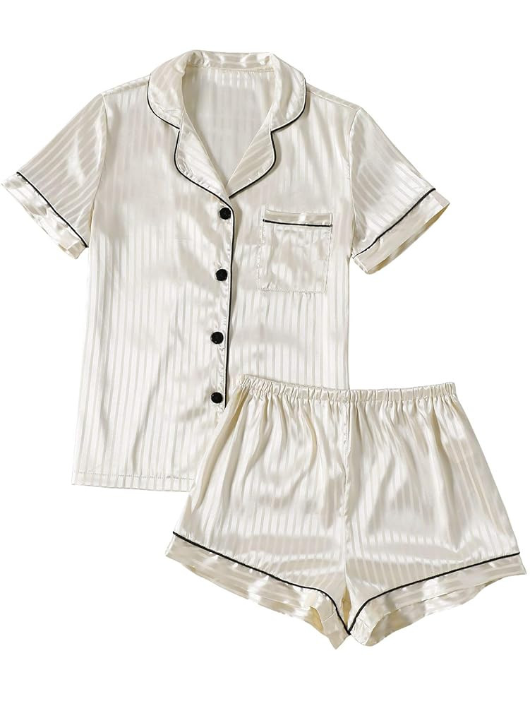LYANER Women's Striped Silky Satin Pajamas Short Sleeve Top with Shorts Sleepwear PJ Set | Amazon (US)