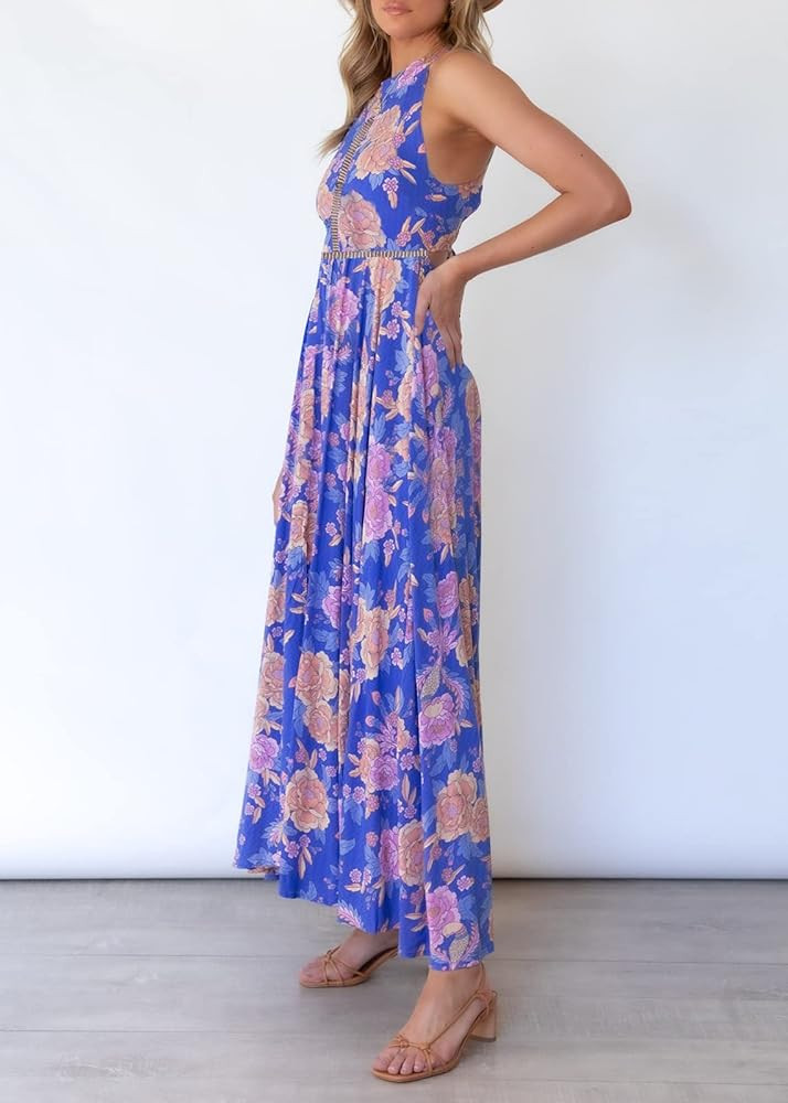 ZESICA Women's Halter Neck Floral Print Backless Split Beach Party Maxi Dress,BluishViolet,Small ... | Amazon (US)