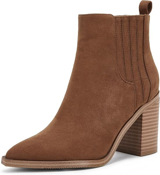Womens Ankle Boots Slip on Pointed Toe Chunky Block Mid Heel Leather Elastic Panel Casual Chelsea... | Amazon (US)