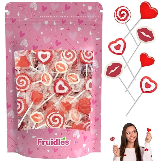 Valentine's Lollipop Party Mix, Hearts, Lips N' Swirls Mixed Fruit Flavor Assortment, Individuall... | Amazon (US)