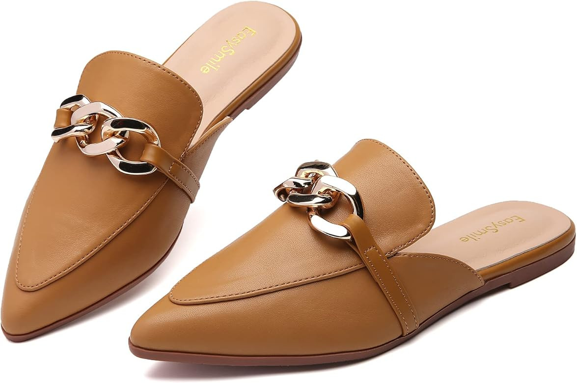 EasySmile Metal Chain Decor Flat Mules for Women Closed Pointed Toe Slip on Loafers Slides Backle... | Amazon (US)