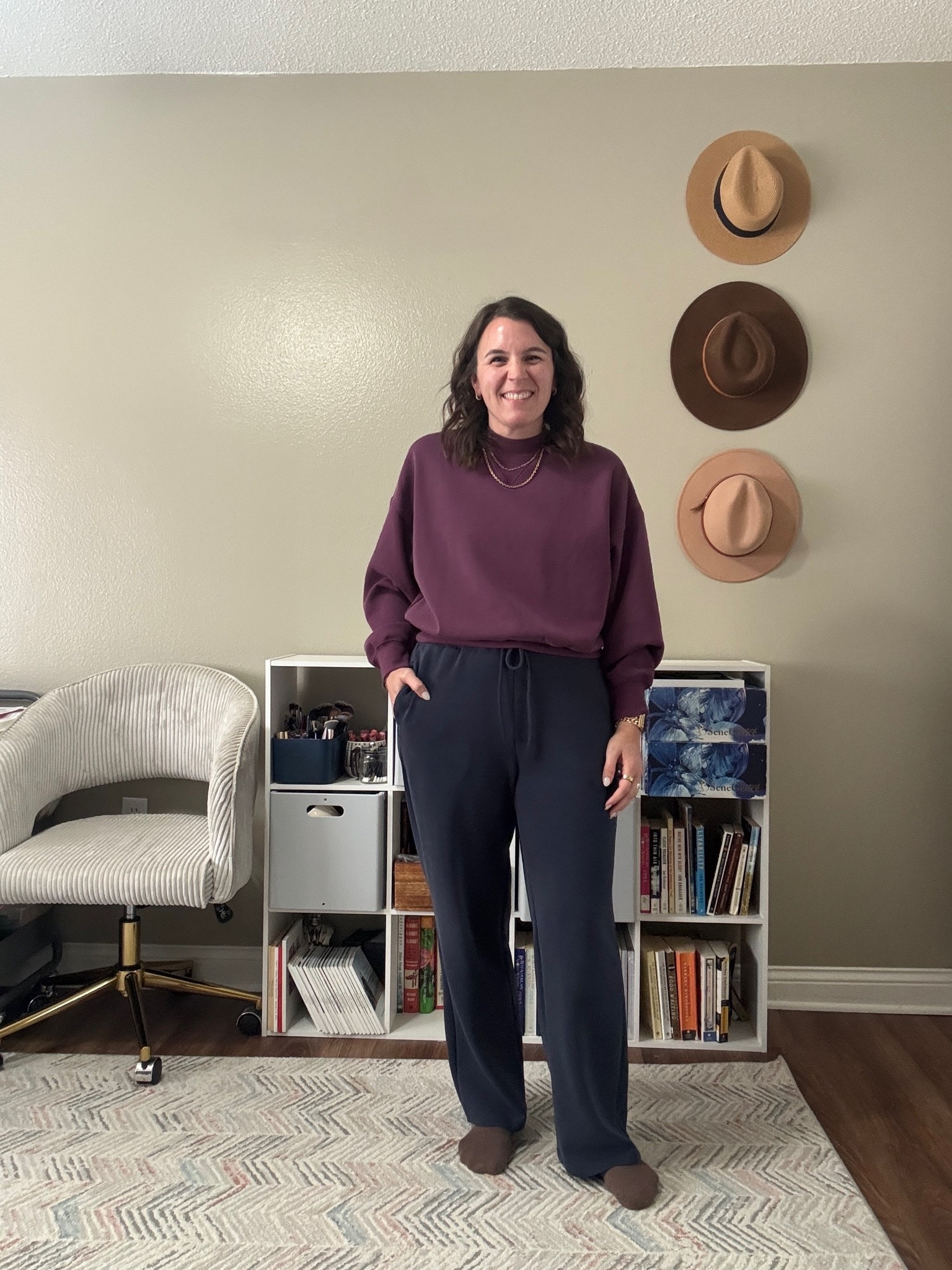 Work from home outfit of the day. 

This sweatshirt is on sale with Target Deal Days. I size down to a small.  

The pants are part of an Amazon set that are linked here.