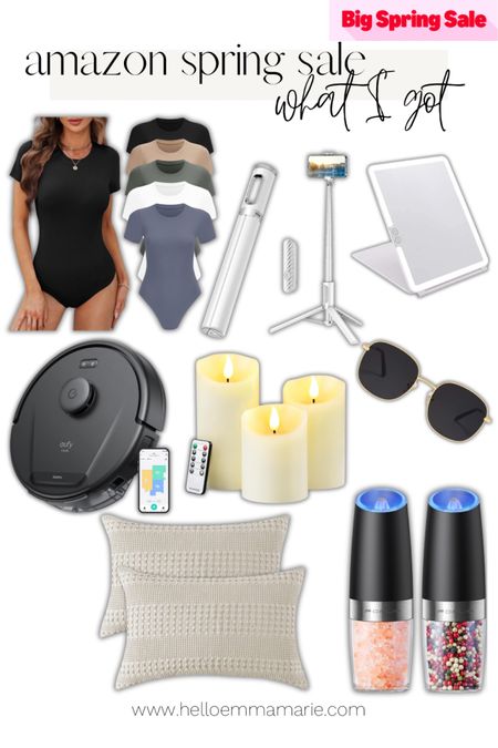 What I got during the Amazon big spring sale this year! 

Robot vacuum // travel mirror // bodysuits // salt and pepper grinders //sunglasses // tripod // pillow covers // faux candles