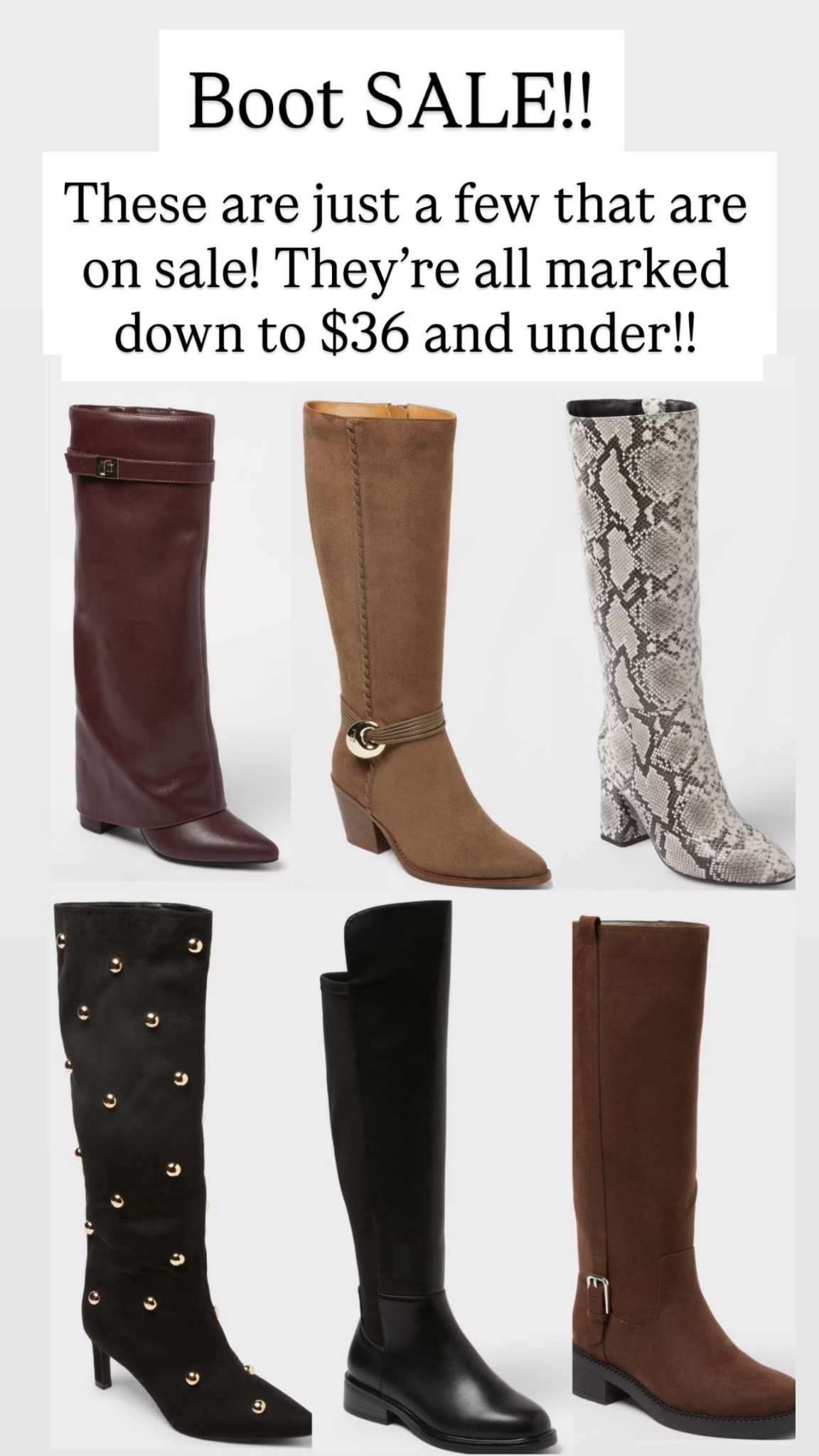 These boots are all on sale! Everything is $36 and under

#LTKShoeCrush #LTKHoliday #LTKSaleAlert