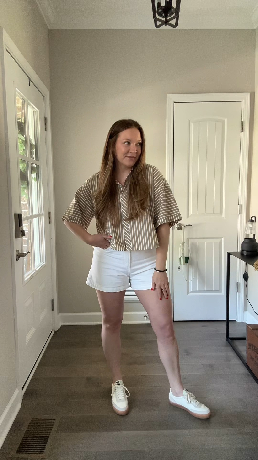 Striped cropped button down / oversized wearing my tts medium 
White a line shorts / tts wearing a 29
White Nike sneakers 
Evil eye necklace 
David Yurman cuff bracelet and ring

#LTKootd #LTKWorkwear #LTKdayinmylife
