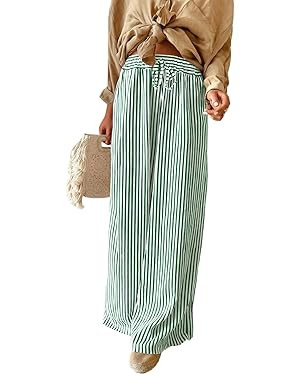 Acelitt Women Casual Drawstring Elastic Waist Striped Wide Leg Pants with Pockets, S-XXL | Amazon (US)