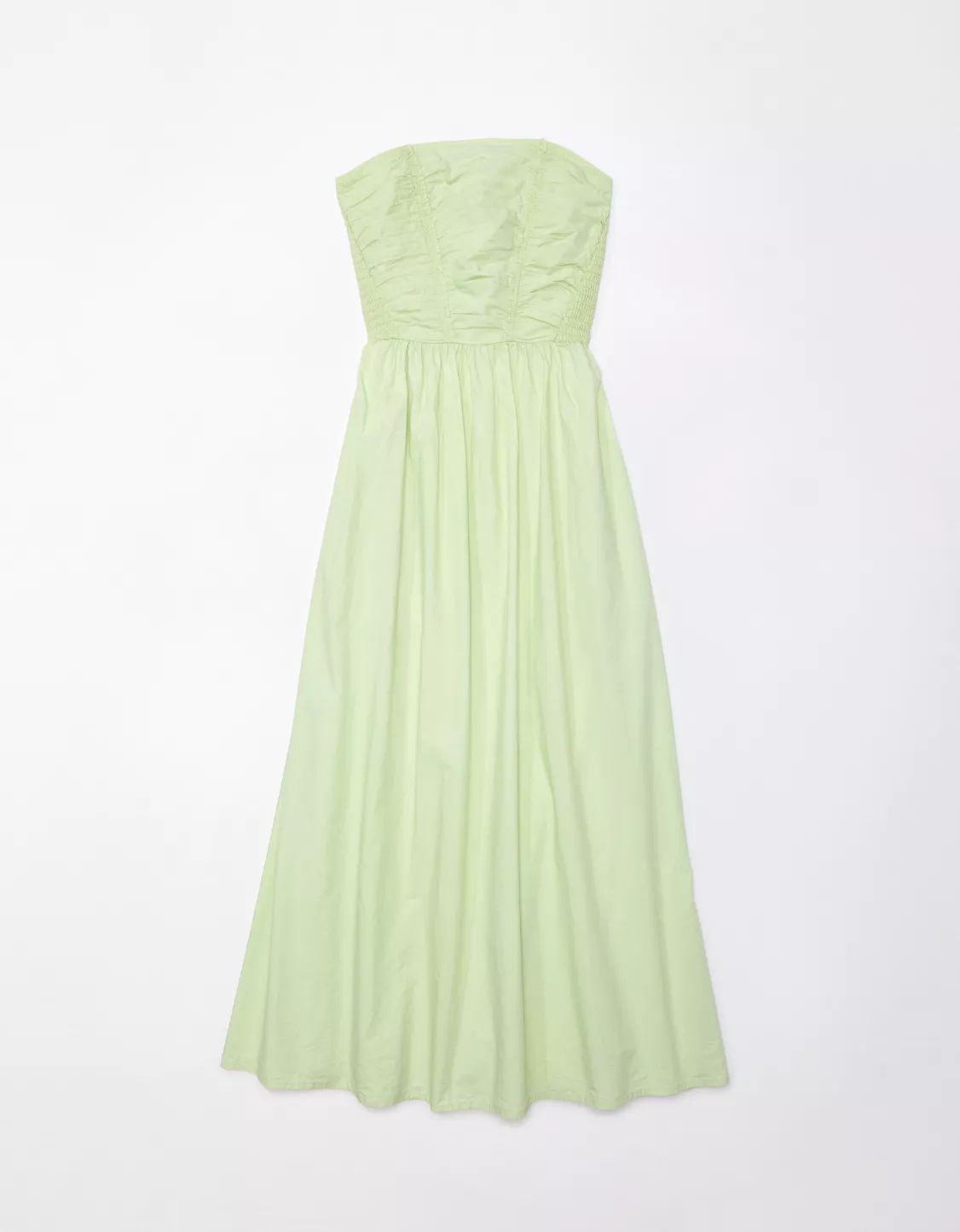 AE Strapless Ruched Poplin Midi Dress | American Eagle Outfitters (US & CA)