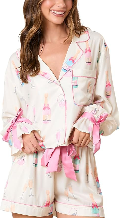 Women Christmas Y2k Pajamas Bow Tie Long Sleeve Shirt and Ruffle Shorts Cute 2 Piece Xmas Print S... | Amazon (US)