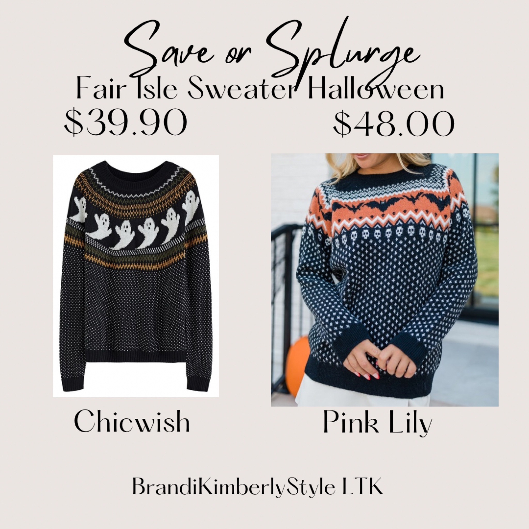 It’s Save or Splurge! Fair Isle Halloween Sweaters 🎃 I know the process point is it too different but is it better to go with the Pink Lily Macy Black collab 🦇 or with the save on the Chicwish ghost 👻 sweater? 
BrandiKimberlyStyle, fall fashion, fall trends,  

#LTKFallSale #LTKSeasonal #LTKHalloween