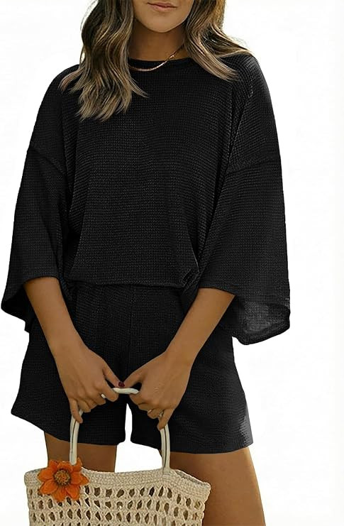 Tankaneo Womens Short Sets 2 Piece Outfits 3/4 Sleeve Tops and Elastic Waist Shorts Lounge Set Ca... | Amazon (US)