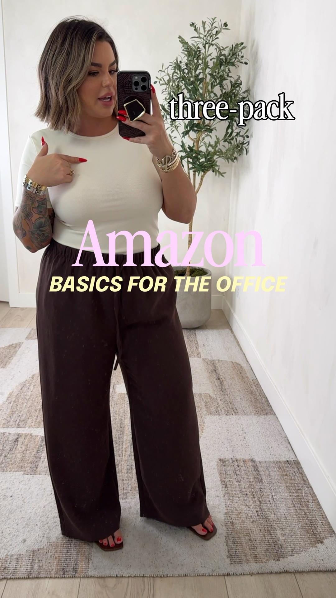Basics for the office you can’t beat the price for 3 tops that are really nice material. 

Tops L 
Pants XL reg length for oversized fit. L also fits me well in these pants but just not as oversized. Pants don’t wrinkle either which is so nice !
