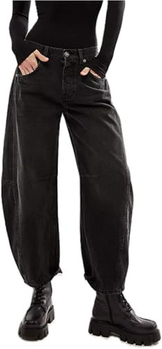 Barrel Jeans Women Casual Baggy Wide Leg Horseshoe Denim Pants Y2k Boyfriend Vintage Tapered Jeans Mid Rise Cropped Barrel Pants Black | Amazon (US)