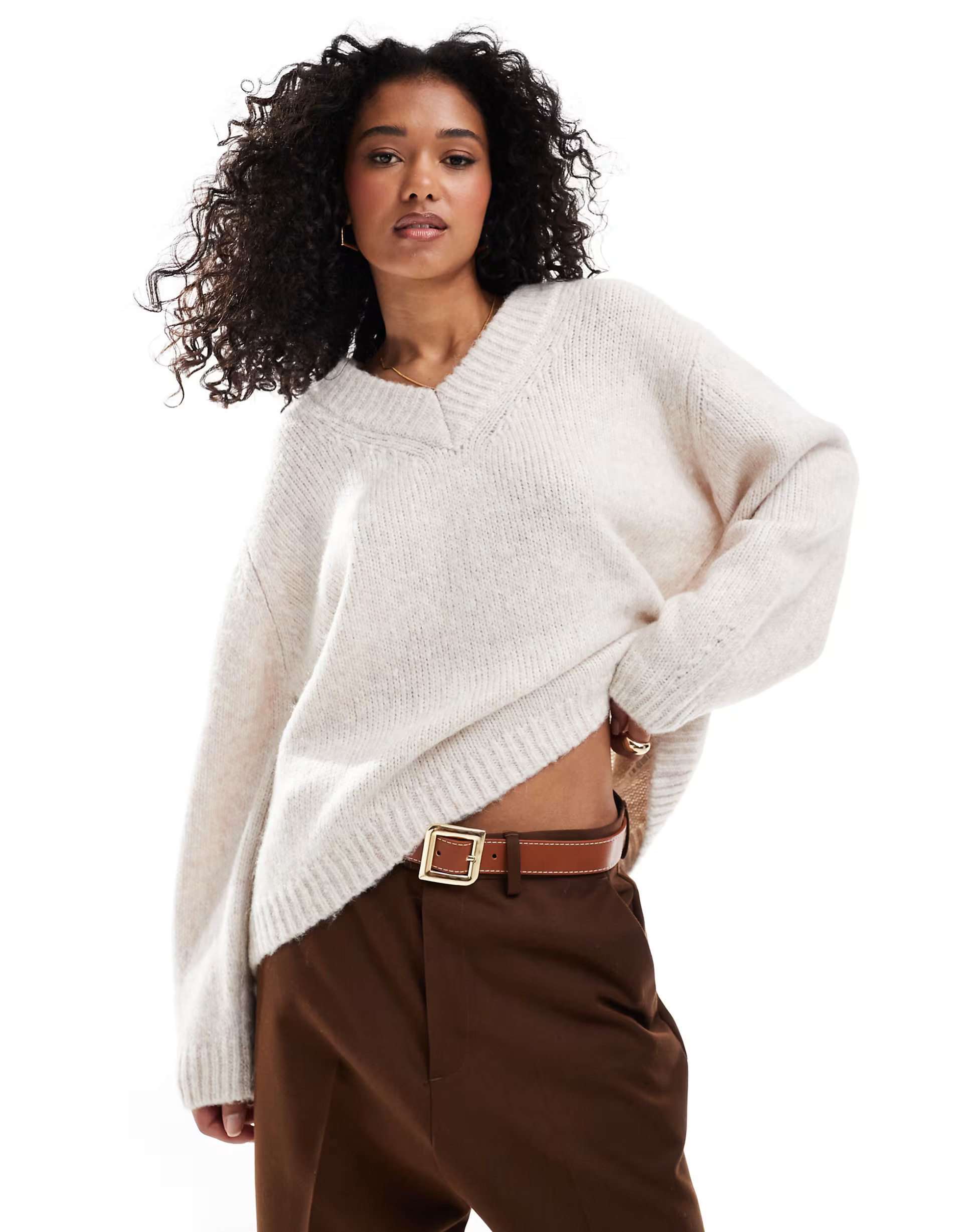 ASOS DESIGN v neck oversized jumper in neutral | ASOS (Global)