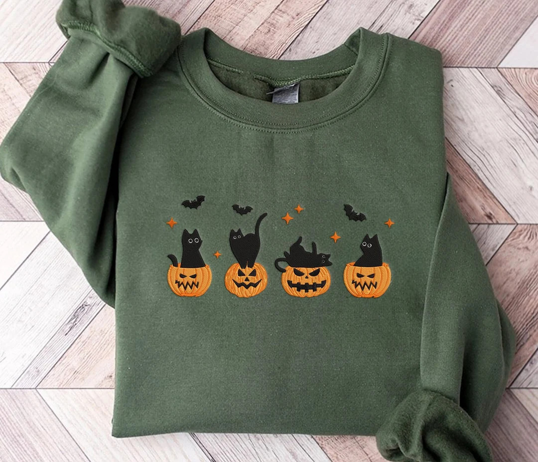 Embroidered Halloween Black Cat Sweatshirt, Pumpkin Fall Sweater for Women, Halloween Crewneck, S... | Etsy (US)