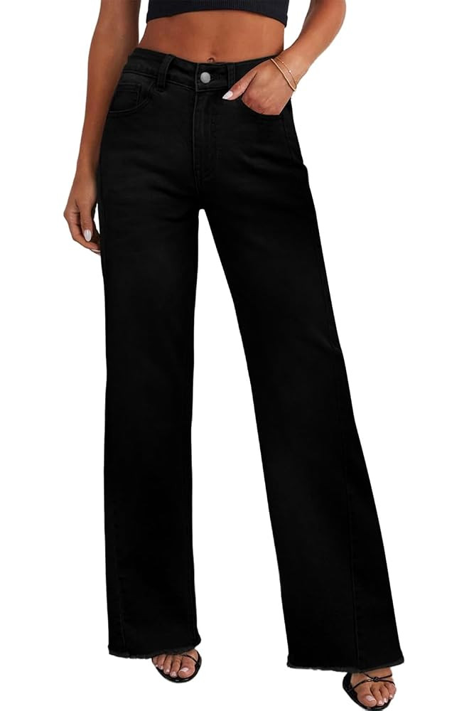 Sidefeel Women's Wide Leg Jeans High Waisted Strechy Raw Hem Zimbaplatinum Denim Pants | Amazon (US)