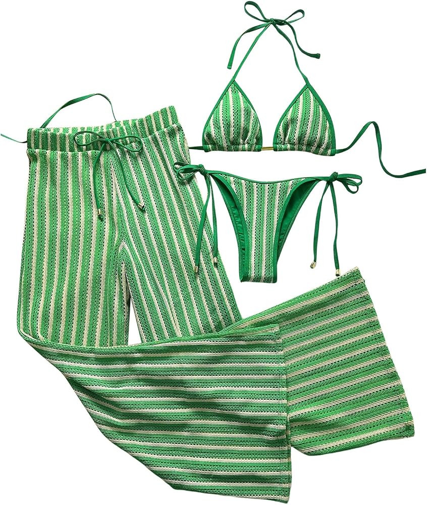 Verdusa Women's 3 Piece Cheeky Striped Crochet Bikini Set Halter Tie Side Swimsuits with Cover Up... | Amazon (US)