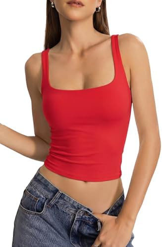 QINSEN Womens Tank Tops with Built in Bras Square Neck Double Lined Basic Sleeveless Workout Tops | Amazon (US)