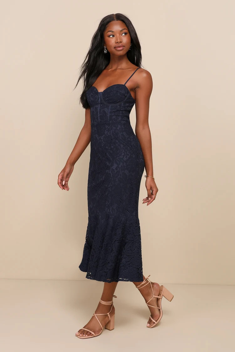 Found Your Love Navy Blue Lace Sleeveless Trumpet Midi Dress | Lulus