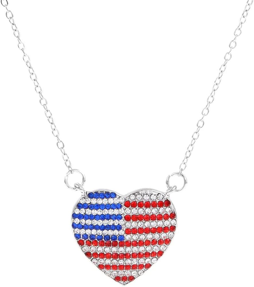 4th of July Necklace Patriotic Rhinestone Red White Blue American USA Flag Pendant Necklace Indep... | Amazon (US)