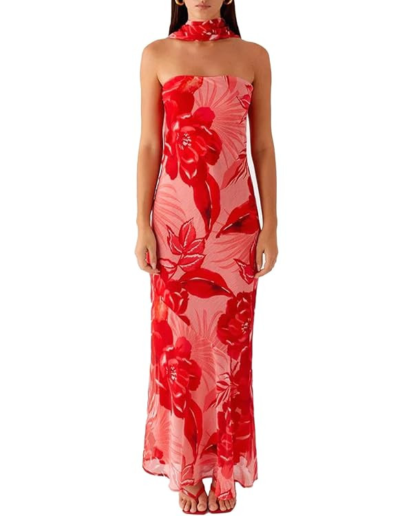 Women Strapless Floral Dress with Sarf Mesh Tube Maxi Dress Summer Cocktail Wedding Guest | Amazon (US)
