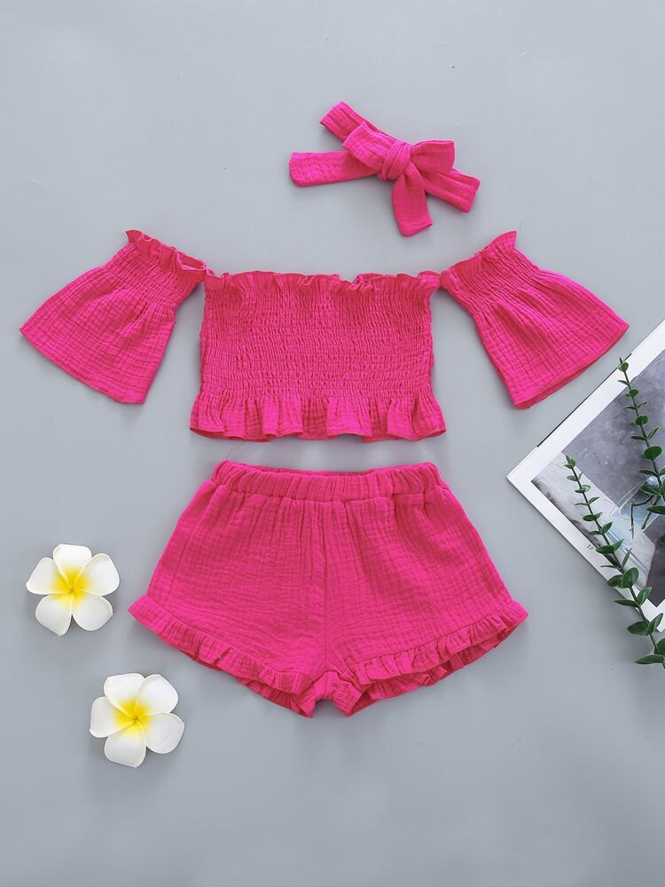 Toddler Girls Bardot Flounce Sleeve Shirred Top & Shorts & Headband | SHEIN