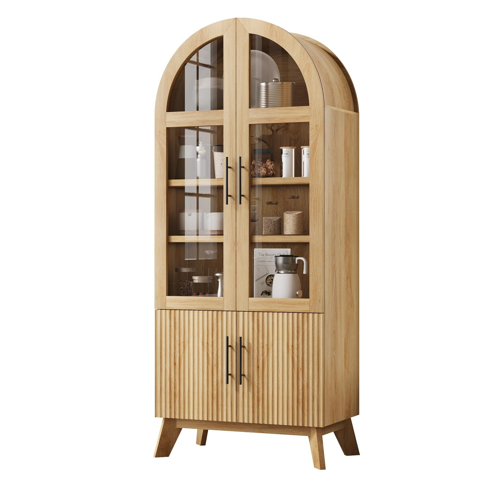 QUW 71" Tall Arched Kitchen Pantry Cabinet, Modern Fluted Display Cabinet with Glass Door & Adjus... | Amazon (US)